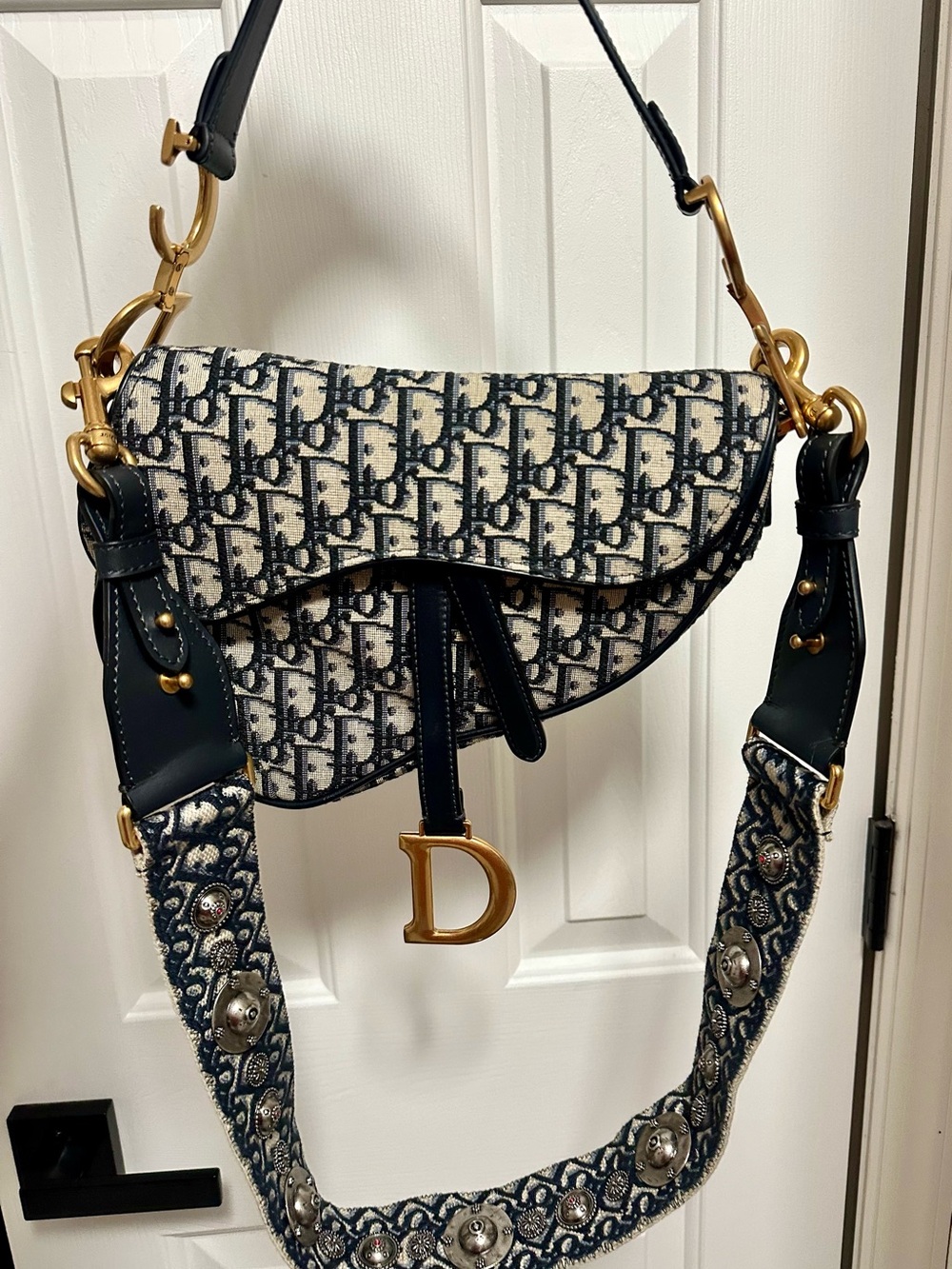 Dior Navy and Cream Oblique Saddle Bag with Gold Hardware
